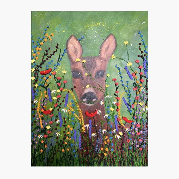 Flower Art | Hert in bloemenweide | Acrylverf op canvas